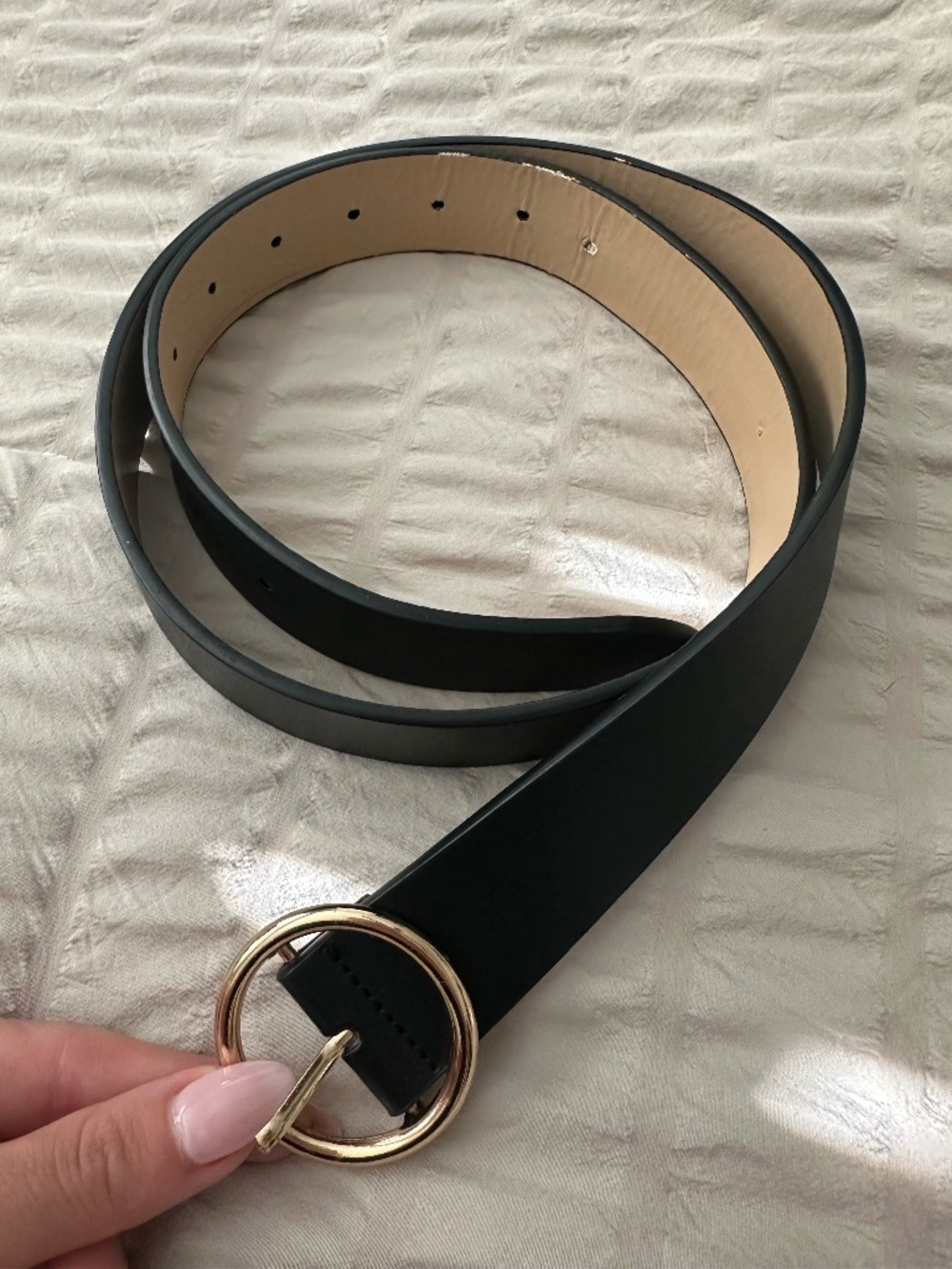Black Leather Belt with Gold Ring Buckle